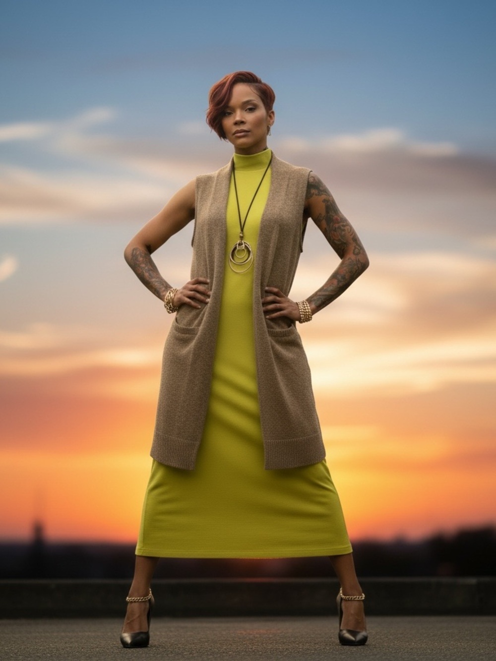 Lime Green Sleeveless Midi Dress W/ Tan Knit Vest☑️ - Picture 5 of 7